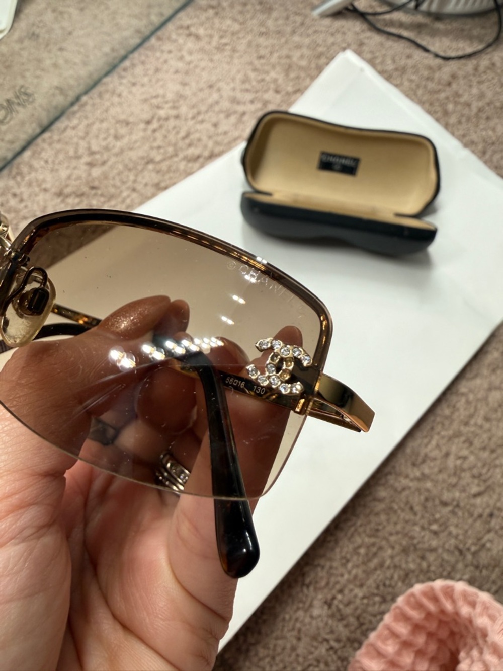 CHANEL Brown Rimless Rectangle Sunglasses with Gold Bridge - Picture 4 of 8